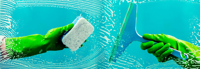 Rubber squeegee in glove hand cleans a soaped window and clears a stripe of blue background....
