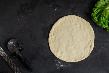 pizza, dough, ingredients, tortilla (cooking process). Top view with copy space