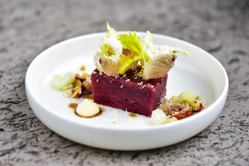 Fine dining dessert with apple and beetroot