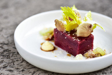 Fine dining dessert with apple and beetroot