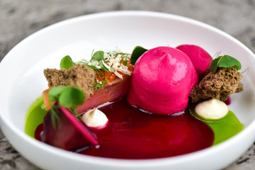 Fine dining, Elegant Trout fish tartare with beetroot and spices