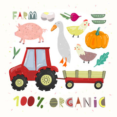 Farm set. Hundred percent organic. Cartoon vector illustration