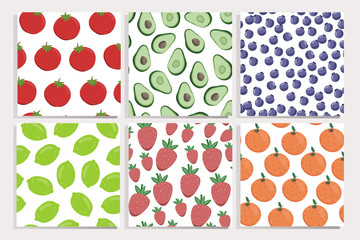 Hand drawn eco fruits, berries and vegetables. Set of six vector seamless patterns