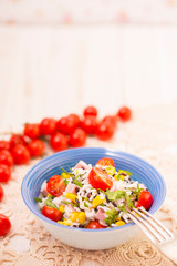 Rice salad with pork steak. Copy space