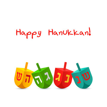 Greeting card for the holiday Hannuk. 4 colorful dreidels with the words great miracle was there. flat vector illustration isolated on white background