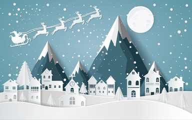 Obraz na płótnie Canvas Santa Claus Driving in a Sledge ,winter with homes and snowy paper art . beautiful scenery in the design vector