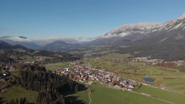 AERIAL: Beautiful panorama shot of valley in the austrian alps, tyrol