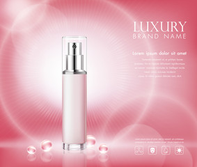 Vector bottle cosmetic mockup with crystal ball on pink background, with your brand, ready for print ads or magazine design. Transparent and shine, realistic 3d style.