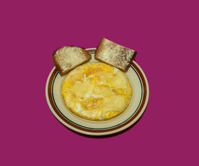 New cooked egg with yellow cheese for breakfast with roasted bread