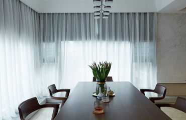 Stylish and simple home interior, Closeup of restaurant in the evening