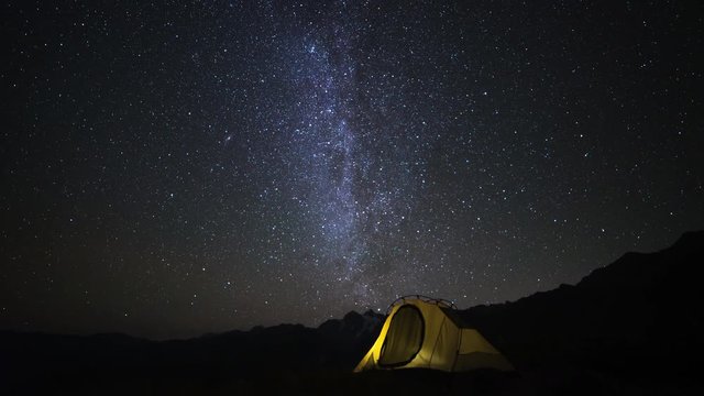 Time Lapse of Camping, tent and campfire at night