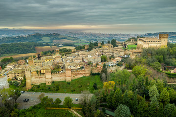 Aerial view of the walled town and castle of Gradara in Marche Italy popular tourist destination of the well preserved double walls and castle