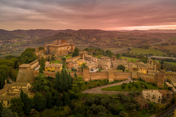 Obraz premium Aerial view of the walled town and castle of Gradara in Marche Italy popular tourist destination of the well preserved double walls and castle