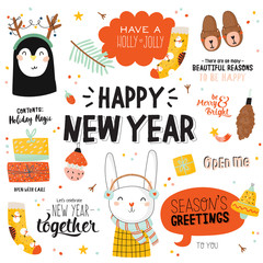 Merry Christmas And Happy New 2019 Year templates with holiday lettering and traditional christmas elements. Cute illustration in scandinavian style. Vector backround. 