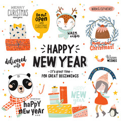 Fototapeta premium Merry Christmas And Happy New 2019 Year templates with holiday lettering and traditional christmas elements. Cute illustration in scandinavian style. Vector backround. 