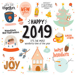 Merry Christmas And Happy New 2019 Year templates with holiday lettering and traditional christmas elements. Cute illustration in scandinavian style. Vector backround. 