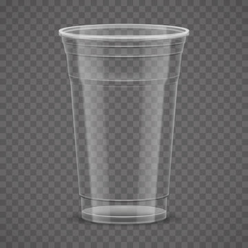 Empty transparent plastic takeaway cup isolated on transparency grid background, 3d vector illustration.