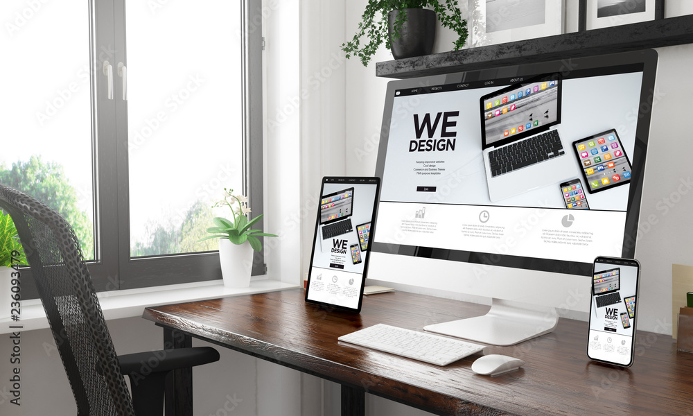 Aufkleber black and white desktop with three devices showing app designers website