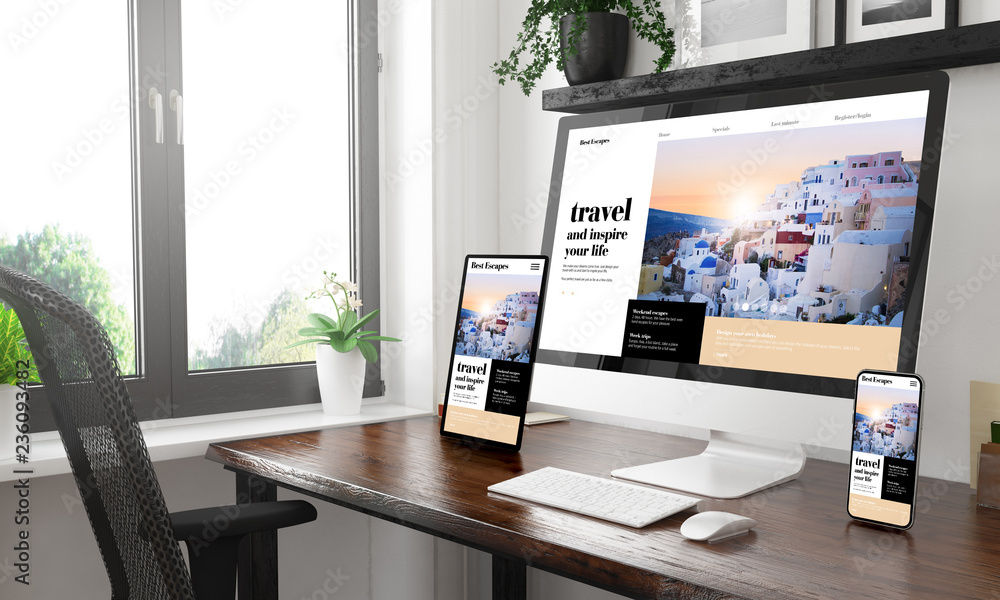 Canvas Prints black and white desktop with three devices showing travel blog