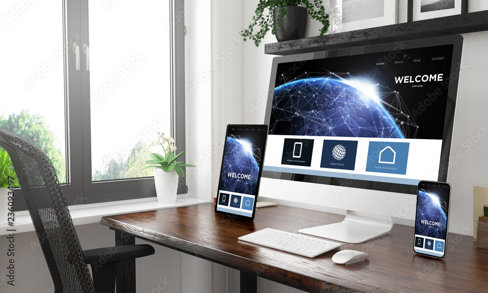 Poster black and white desktop with three devices showing landing page