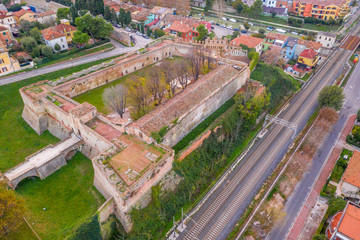 Aerial view of the medieval fortifications of popular travel destination beach town Fano in Italy near Rimini in the Marche region.