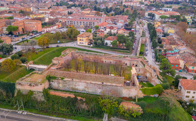 Aerial view of the medieval fortifications of popular travel destination beach town Fano in Italy...