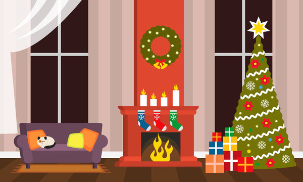 Happy Holidays greeting card or poster. The interior of the living room on Christmas Eve - a sofa, fireplace, Christmas tree with gifts. flat vector illustration isolated