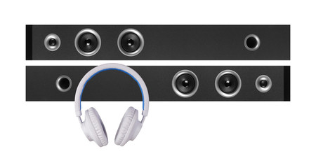 Music and sound - Front view two tower loudspeaker enclosure and white headphone. Isolated