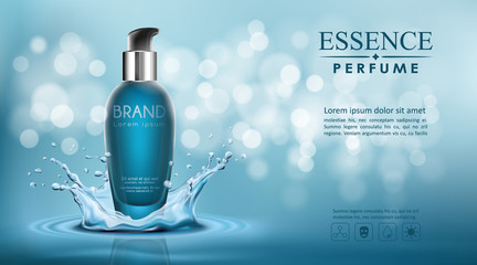 Vector bottle serum cosmetic mockup with  transparent water and shine on bokeh background, with your brand, ready for print ads or magazine design.