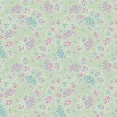 Purple Green Pastel Colored Ditsy Flowers Seamless Vector Repeat Pattern Background