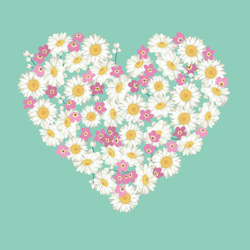 Heart shape. chamomile and forget-me-not flowers on blue background