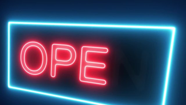 We're Open Neon Sign Background Seamless Looping/ 4k animation of a neon open sign blinking for night storefront, restaurant, motel and night business