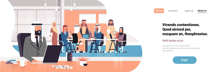 arab man boss using laptop workplace over arabic team brainstorming meeting group people sitting together office communication flat horizontal banner copy space