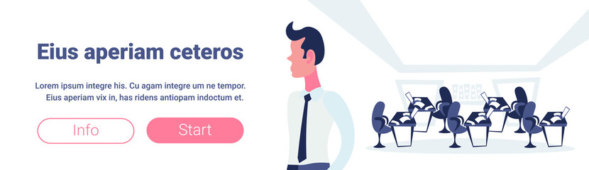 businessman over office workspace coworking business open workplace interior cartoon furniture laptop paper documents chairs loft meeting room horizontal banner copy space flat