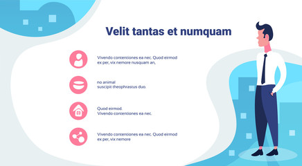 businessman presenting business infographic template with different options male cartoon character flat full length horizontal copy space vector illustration