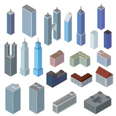 Isometric buildings and skyscrapers set. Vector.