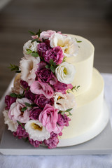 Wedding cake with flowers. Wedding Celebration. Happy