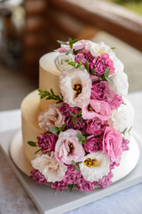 Wedding cake with flowers. Wedding Celebration. Happy