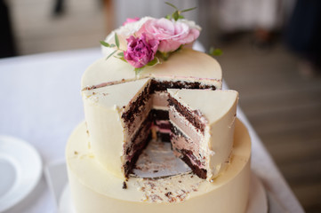 Wedding cake with flowers. Wedding Celebration. Happy
