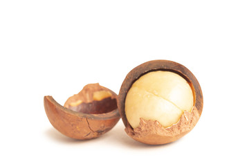 Close up macadamia nuts isolated on white background
