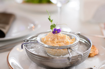 Catering services and table decoration. dish with food meal in the wedding restaurant
