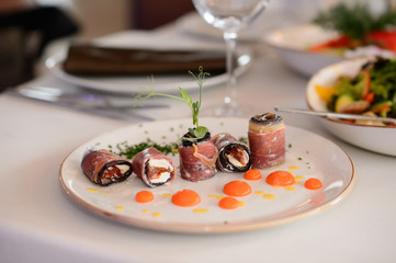 Catering services and table decoration. dish with food meal in the wedding restaurant