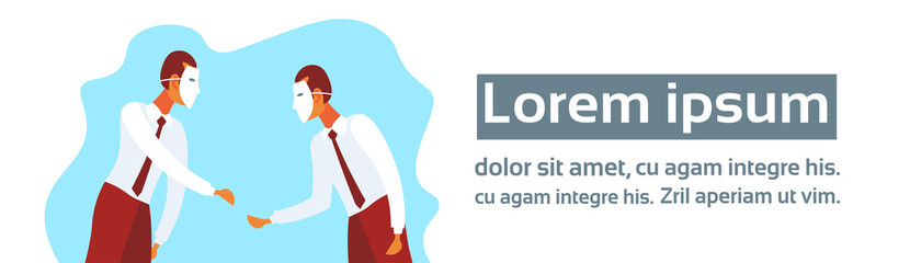 two businessmen wearing white mask fraud concept faceless men handshake confident business partnership agreement strategy male cartoon character horizontal banner copy space flat portrait