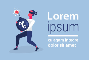 Businessman carrying percent bomb credit debt finance crisis risk concept cartoon character horizontal copy space flat