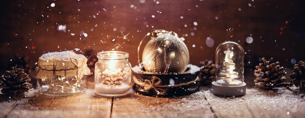 Glowing in the night Christmas decorations. Holiday magic