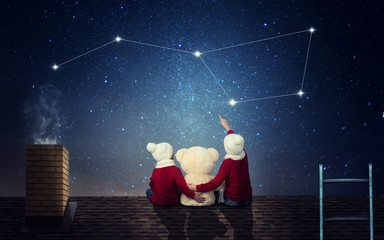 Two brothers sit at night on the roof with a toy bear and look at the constellation Ursa Major. © Denis