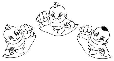 Fototapeta premium Cartoon line art illustration with three flying super babies and copy space for your text. 