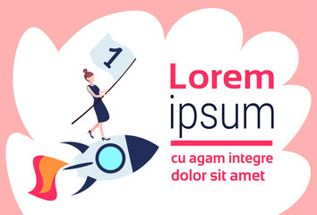 Businesswoman flying space rocket first place flag success project startup achievement concept business woman team leader full length flat horizontal copy space