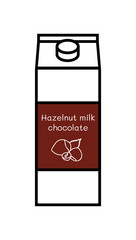 Vector line icon of flavored vegan chocolate hazelnut milk isolated on a white background. Plant based non dairy alternative. Icon of carton box with label with illustration of hazelnut.