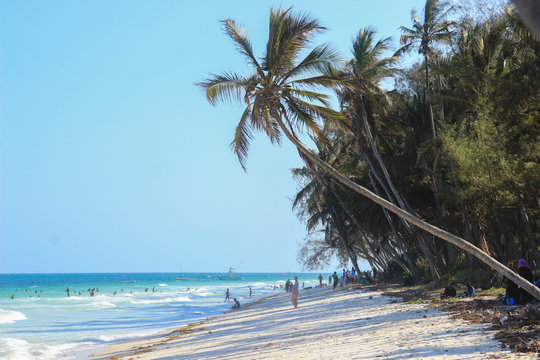 Mombasa, Kenya - December 21, 2015: Diani Beach Indian Ocean Beach - palm trees, turquoise water and white sand